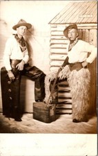 RPPC Cowboy Studio Prop Woolly Chaps Rifle c1910s Cosplay photo postcard JQ3