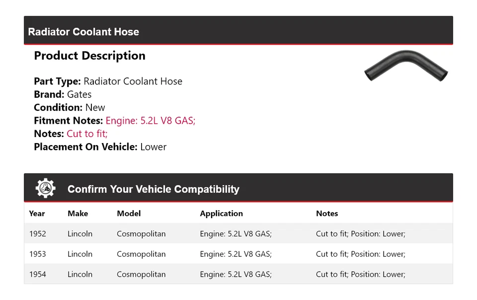 Manguera de refrigerante de radiador de gas V8 5,2 L Lincoln Cosmopolitan 1952-1954 puertas inferiores Foto 2 de 4