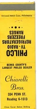 Chiarelli Brothers Appliances, Reading, Pennsylvania Matchbook