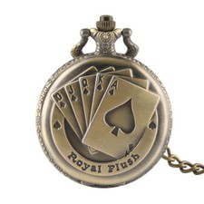 Royal Flush Poker Card Design Bronze Unisex Quartz Pocket Watch with Fob Chain