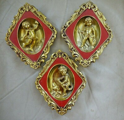 VTG WALL CHERUB PLAQUES Ardco Japan  Gaudy Home Decor 3 pc Ceramic wall plaques