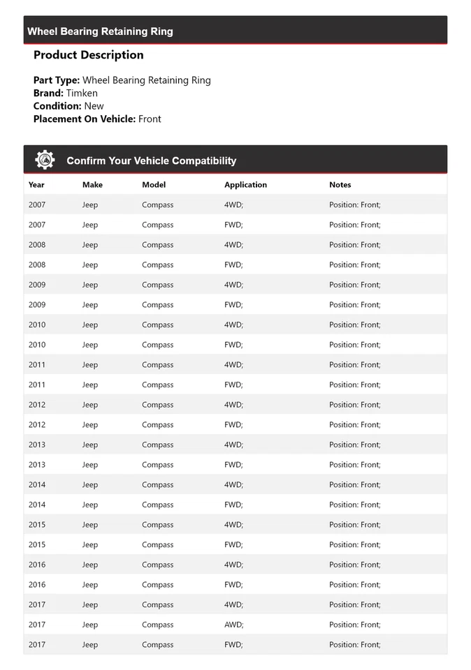 Anillo de retención de cojinete de rueda delantero Timken 2008 2009 para Jeep Compass 2007-2017 Foto 2 de 3