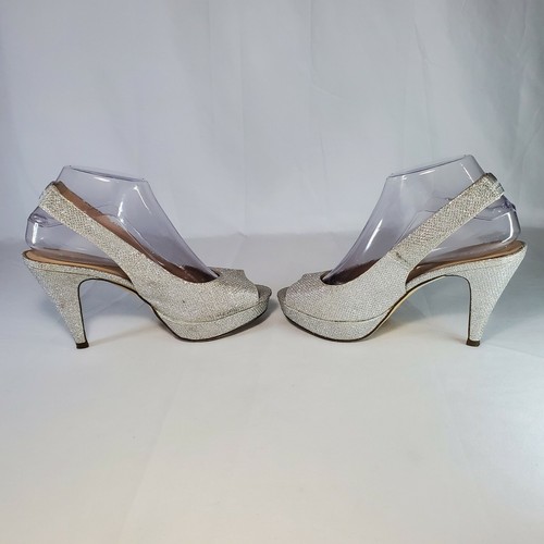 Call It Spring Size 8 Silver Glitter Sparkle High Heel Peep Toe Slingback Shoes - Picture 8 of 10