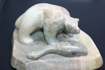 Certified Hand Carved Soapstone Polar Bear Statue By Acclaimed Douglas Akoilak