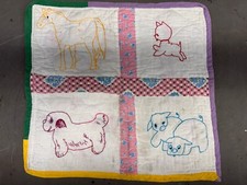 Vintage Handmade Baby Blanket Quilt Embroidered Animals Kitty Puppy Horse Pigs