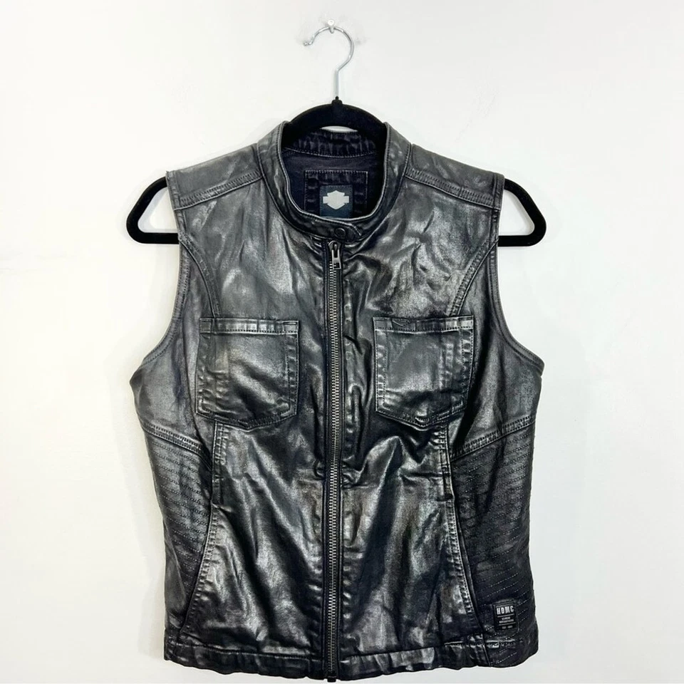 Harley Davidson black waxed cotton stretch fitted full zip moto biker vest M - Image 3 of 4