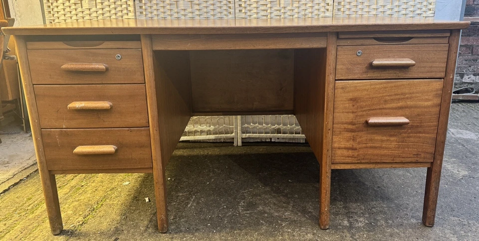 Vintage Retro Teachers Double Pedestal Desk With Key, Pull Out Sides  Abbess? - Image 2 of 4