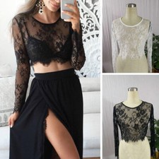Womens Lace Mesh See Through Sheer Long Sleeves Crop Tops Short Blouse T-shirt 