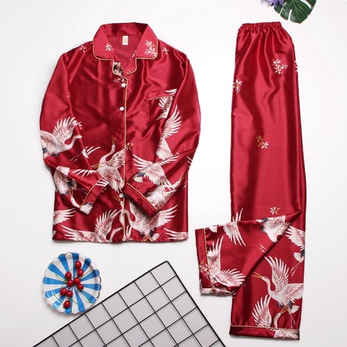 Women's Long Sleeve Silk Pajama Set Button-Down Sleepwear Print Loungewear Plus - Picture 68 of 75