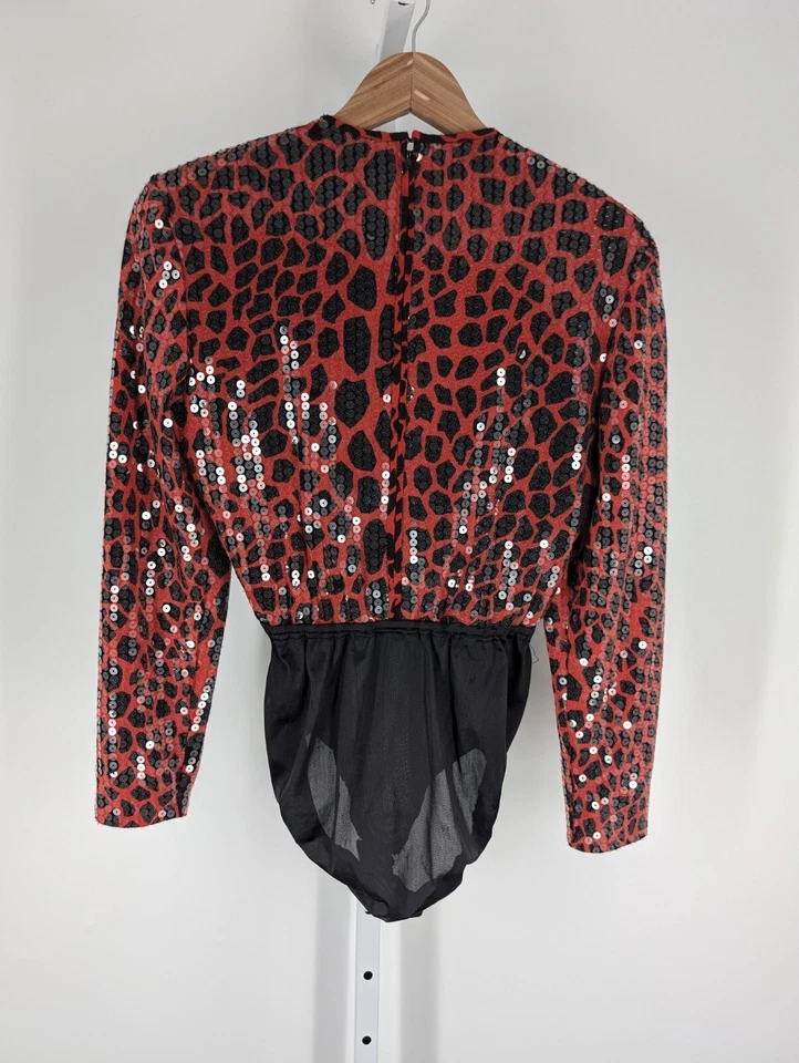 Vintage 80s Sequin Red Leopard Print Catsuit One-piece Knit Sweater Shirt USA - Image 3 of 4