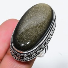 Gold Sheen Obsidian Gemstone 925 Sterling Silver Jewelry Ring Size 6.75 US