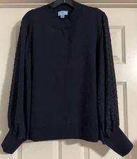 $69 CeCe Boho Mixed Media Swiss Dot Chiffon Sleeve Size XL Navy Knit Body