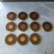 SET OF 10 VTG CHEVRON BRASS AND LEATHER COASTERS WITH CORK BOTTOM