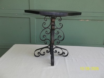 Vintage Octagon Slate Top Side Table w/ Gothic Scroll Wrought Iron Legs 15 1/2''