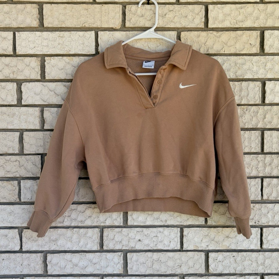 Nike Sportswear Women’s Brown Collared V-Neck Fleece Logo Sweatshirt S