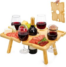 Portable Bamboo Wine Picnic Table W/ Wine Glass Holder Foldable Rectangle Picnic