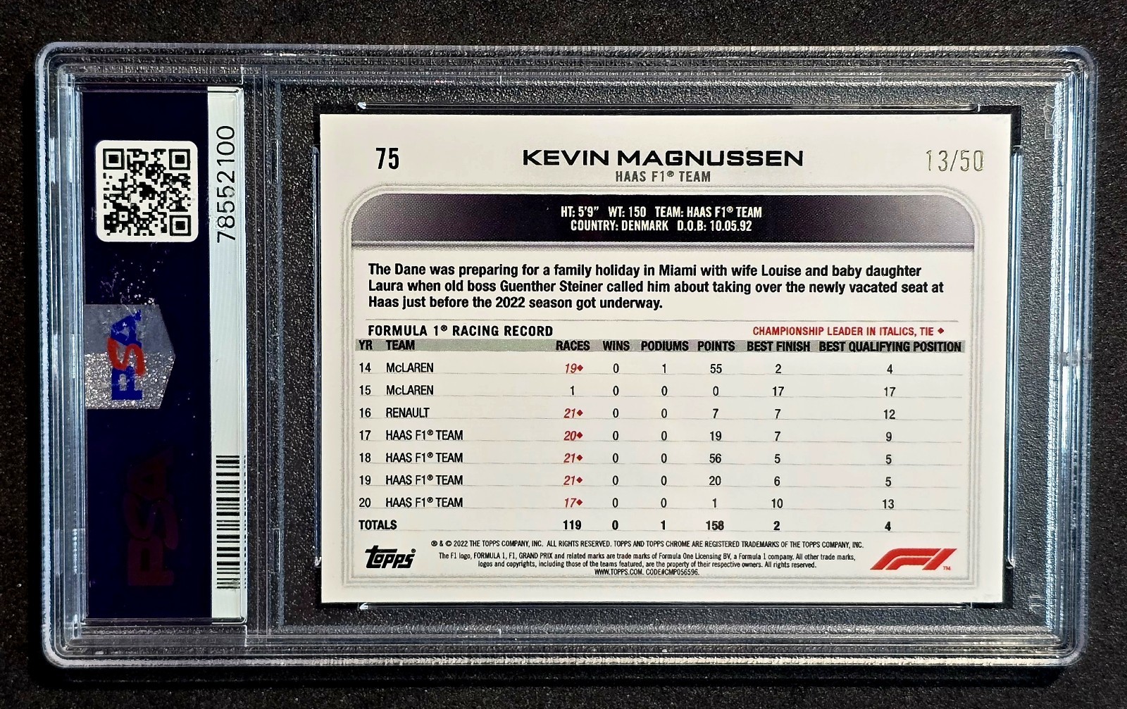 2022 ⛽ PSA 9 Topps Chrome Formula 1 #75 Kevin Magnussen Gold Checker Flag #/50 view 3