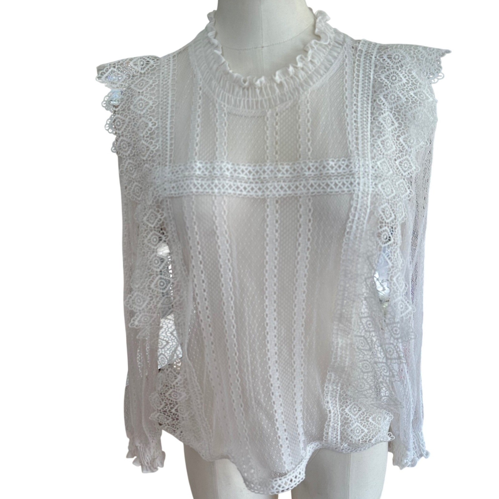 ZARA White Lace Size Small Ruffle Mock Neck Blouse Coquette Cottagecore Boho