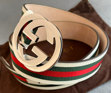 Gucci GG Interlocking Red Green White Stripe Leather Belt Size 95 cm 32/34 Waist