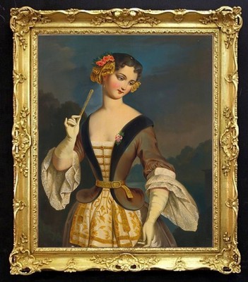 Hand Painted Rococo Oil Painting Noblewoman with Fan Portrait Vintage Wall Art