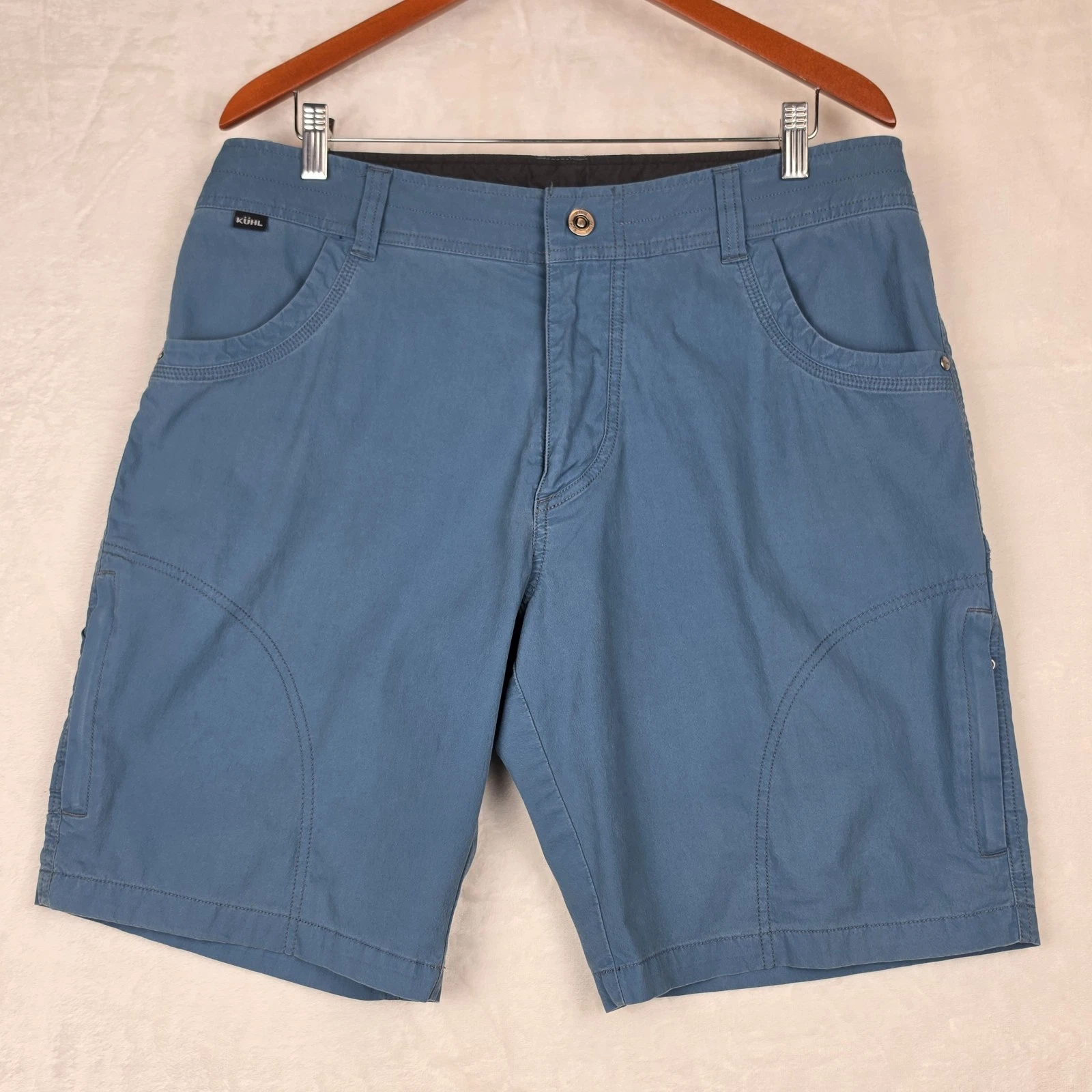 Kuhl Vintage Patina Dye Cargo Shorts Men's 36 Slate Blue Cotton Stretch Hiking