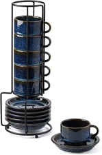 Porcelain Stackable Espresso Cups with Saucers and Metal Stand,4 Ounce Demitasse