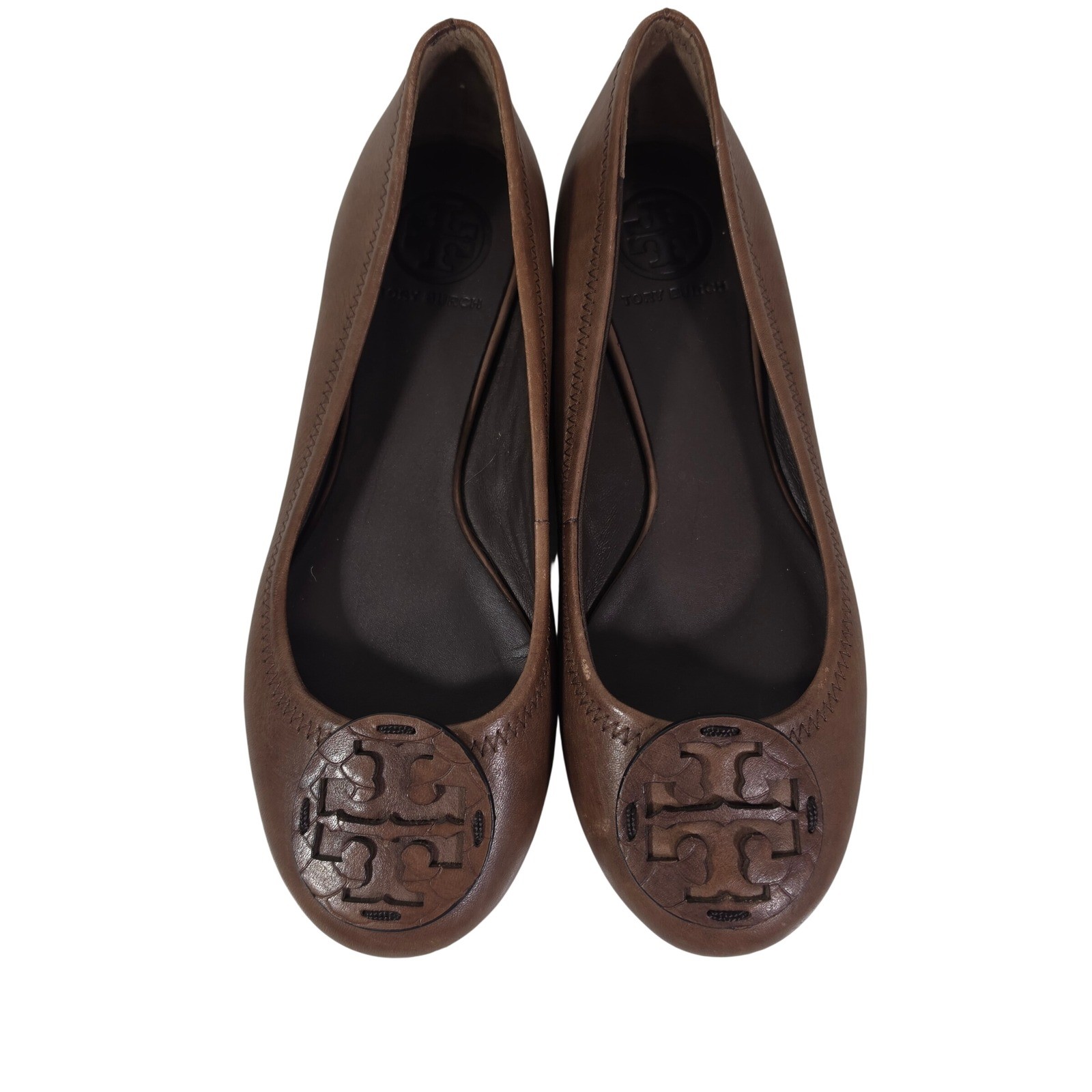 Tory Burch Reva Ballet Flats Brown Leather Logo Slip On Shoes Women's 6M