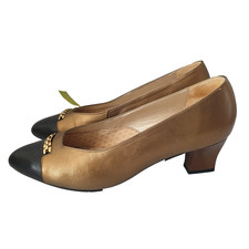 VAN DAL SHOES Medallion Ladies UK 7 Leather Gold Black Heels Court Chain Vintage