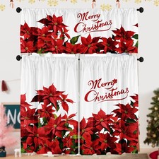 Christmas Poinsettia Curtain Valances Set Upper Curtain 52'' Lx18'' W Lower...