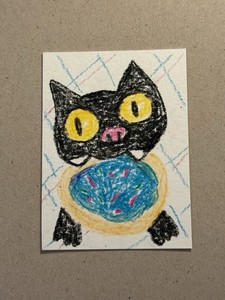 Cat Cookie Thief Drawing, Crayon on Paper, ACEO Black Cat w/Yellow Eyes 2.5x3.5”