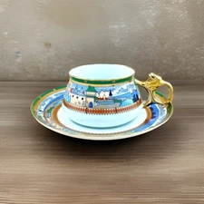 Lomonosov Imperial Porcelain Tea Cup & Saucer BILIBIN Kremlin Rare Gold Handle