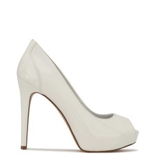 NINE WEST - HIZZIA, White faux patent peep toe 5" stiletto platform pumps, SZ 9