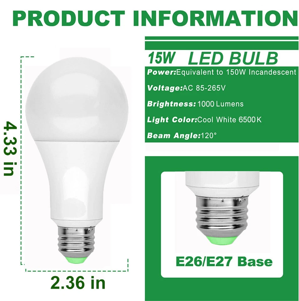 15 LED Light Bulbs 15W Eq. 100W Replacement Daylight Cool White 6500K A19 E26 - Image 2 of 4