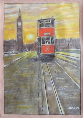 Original Zeichnung London Westminster Bridge Abendlandschaft Nostalgie