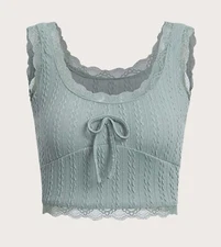 Women S = Junior L Sexy Crop Tank Top Slight Stretch Accent Lace Mute Mint Green