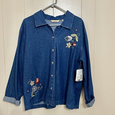 Bechamel Floral Embroidered Denim Shirt Shacket Sz L Front & Back Design NWT