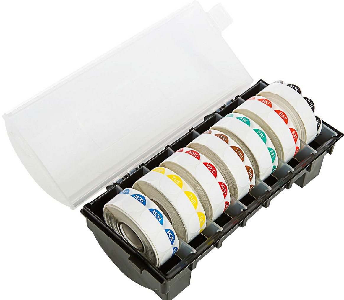 Day Dot Food Labels in Storage Dispenser with 7 Rolls of 1000 Round Stickers