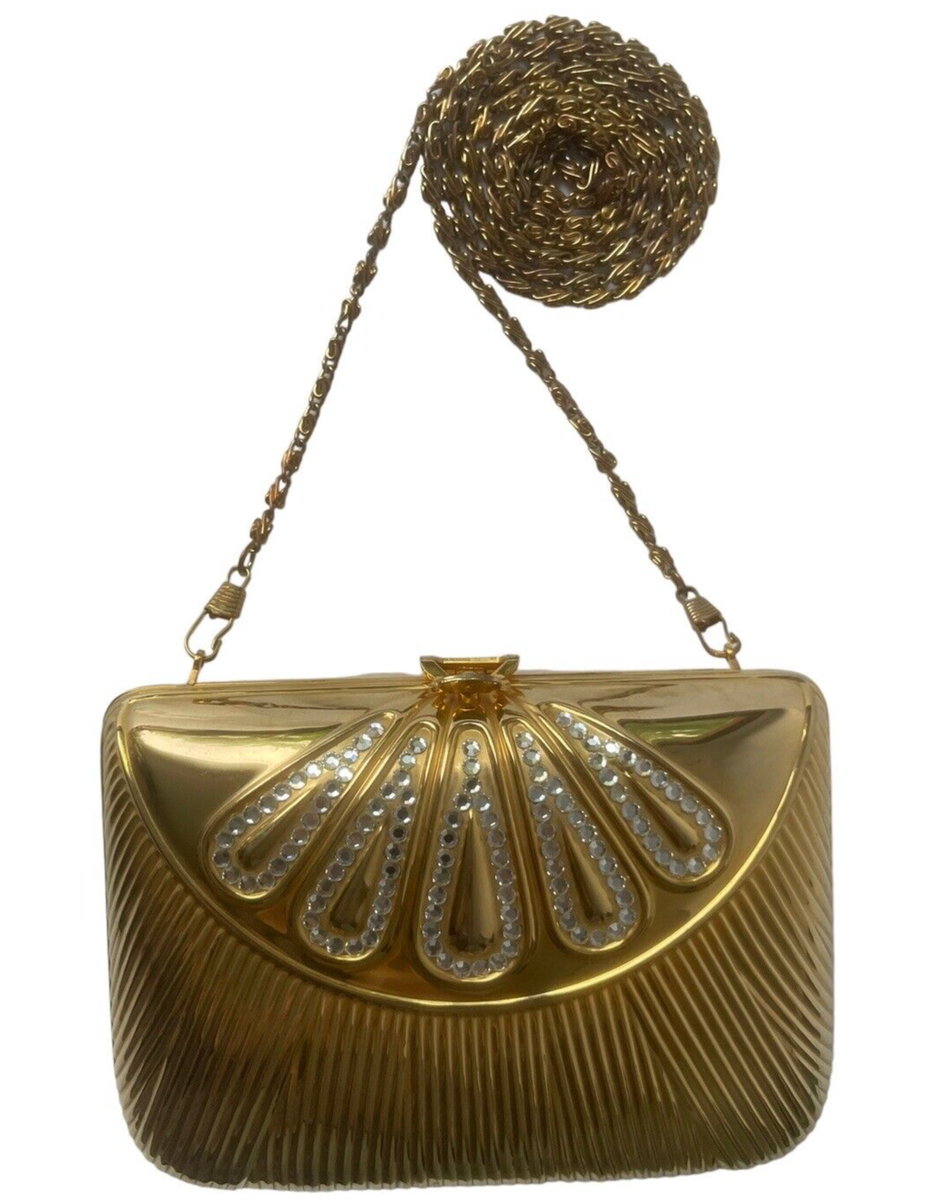 Minaudière Vintage Bag Rhinestones 60s Evening Goldtone Shell Scallop Rib Clutch Minaudière Vintage Bag Rhinestones 60s Evening Goldtone Shell Scallop Rib Clutch