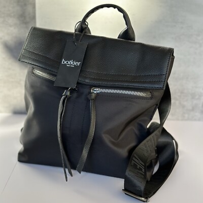 Botkier Womens Leather Trim Flap Back Pack Shoulder Handbag Black Backpack