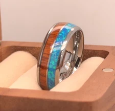 High Polished 8mm Tungsten Wedding Band Blue Opal & Hawaiian Koa Wood Inlay Ring