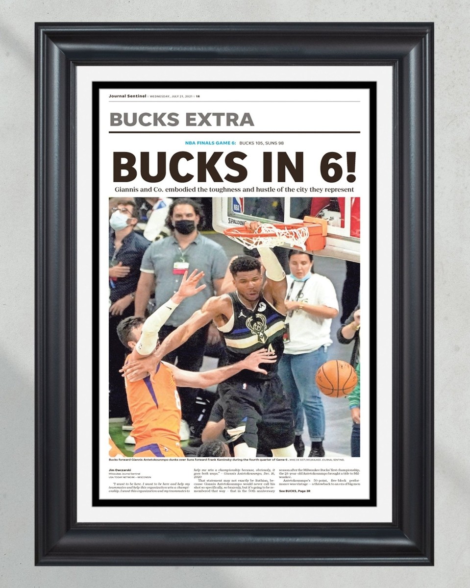 2021 Milwaukee Bucks “Bucks in Six” NBA Championship Framed Newspaper Front  Page