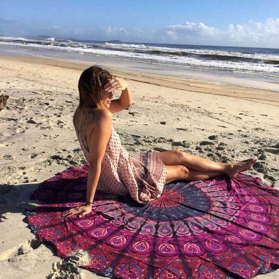"HANDMADE" indien rond hippie mandala tapisserie boho plage jet tapis de yoga tapis décorat