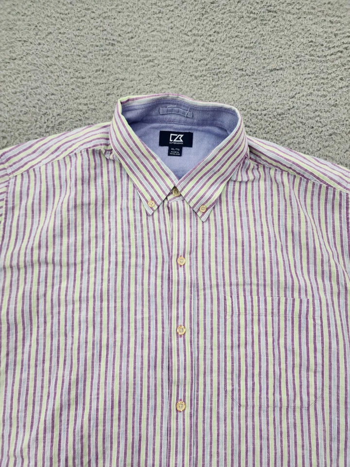 Mens Shirt Extra Large Striped Short Sleeve Linen Cotton Adult Casual - Image 2 of 4