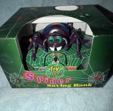 NOS Purple Wind Up Spider Bank ~ Works. New W/Box Halloween Creepy