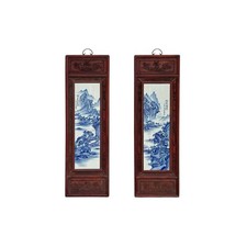 Pair Chinese Blue White Landscape Porcelain Painting Wall Panels GB076A