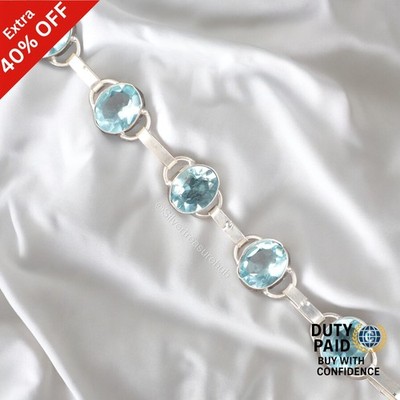 Sterling Silver Sky Blue Topaz Gemstone Anniversary Chain Boho Bracelet Jewelry