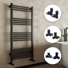 Matt Black Bathroom Straight Heated Towel Rail Radiator & Manual Rad Valves