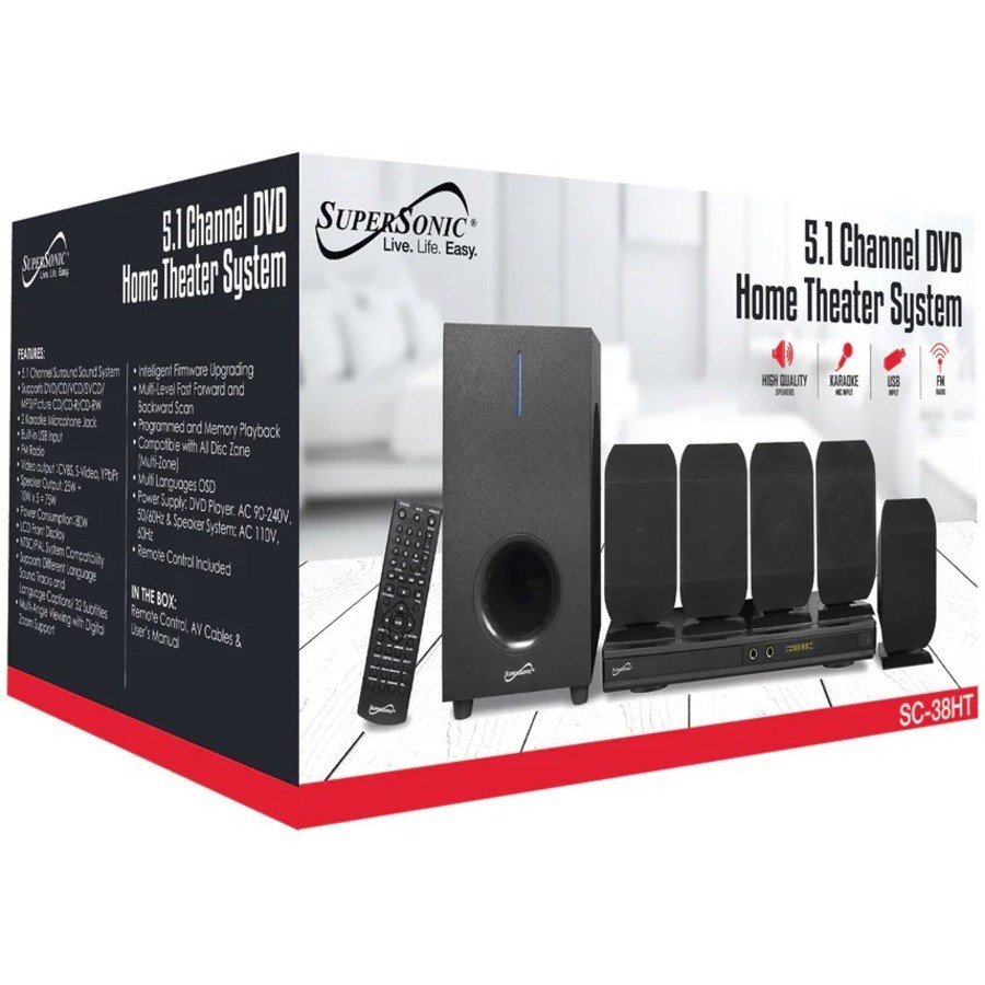 Supersonic SC-38HT 5.1 Home Theater System - 75W RMS - DVD Player - Black