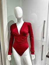 Women deep V neck ruched bodysuit long sleeve slim fit, burgundy Tall Medium