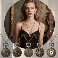 Vintage Boho Skeleton Engraved Quartz Mini Pocket Watches 30.7" Sweater Chain